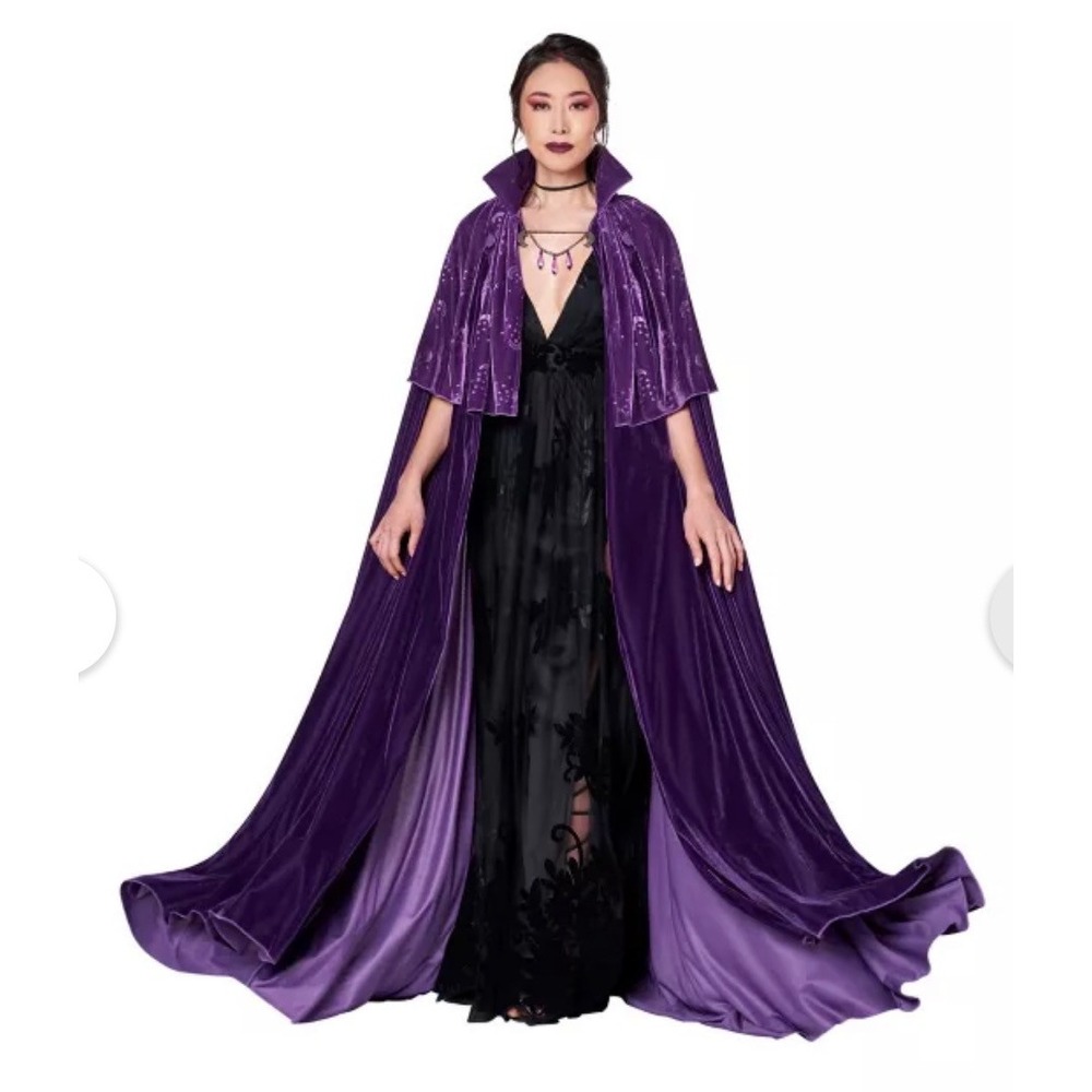 Spirit Halloween Celestial Cape Purple Velvet Embossed Moon Star Adult One Size